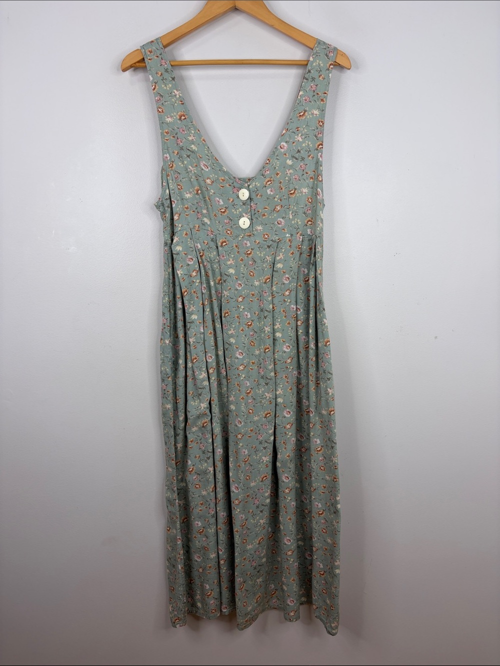 Vintage Maxi Dress Womens Small Green Floral Sleeveless V Neck Grunge 90s Y2K